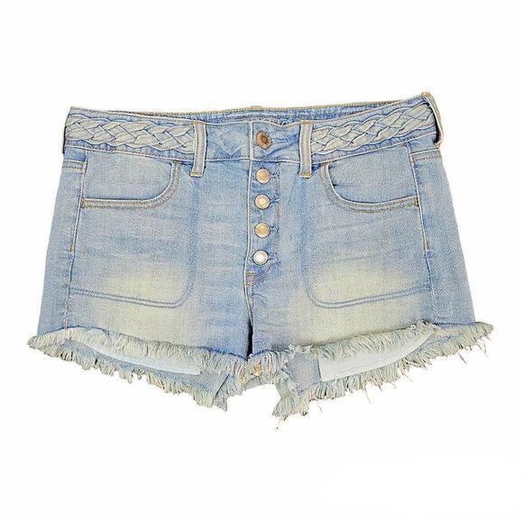 American Eagle Braid Detail Hi-Rise Shortie Denim Distressed Raw Hem Size 10 - Picture 1 of 5
